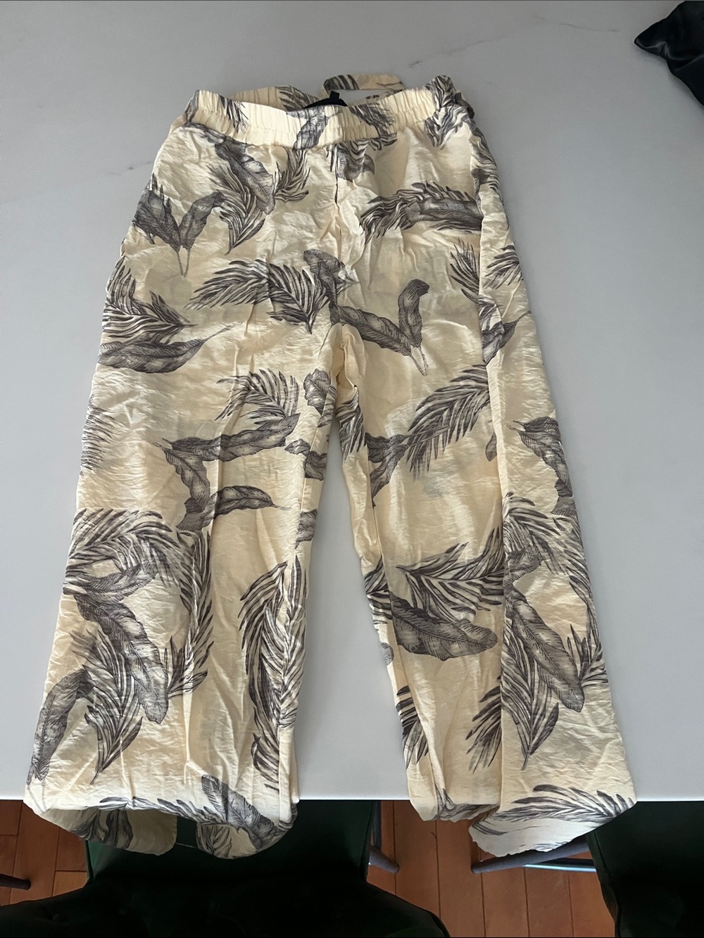Sweet Rain Cream Wide Leg Pants with Gray Leaf Motif